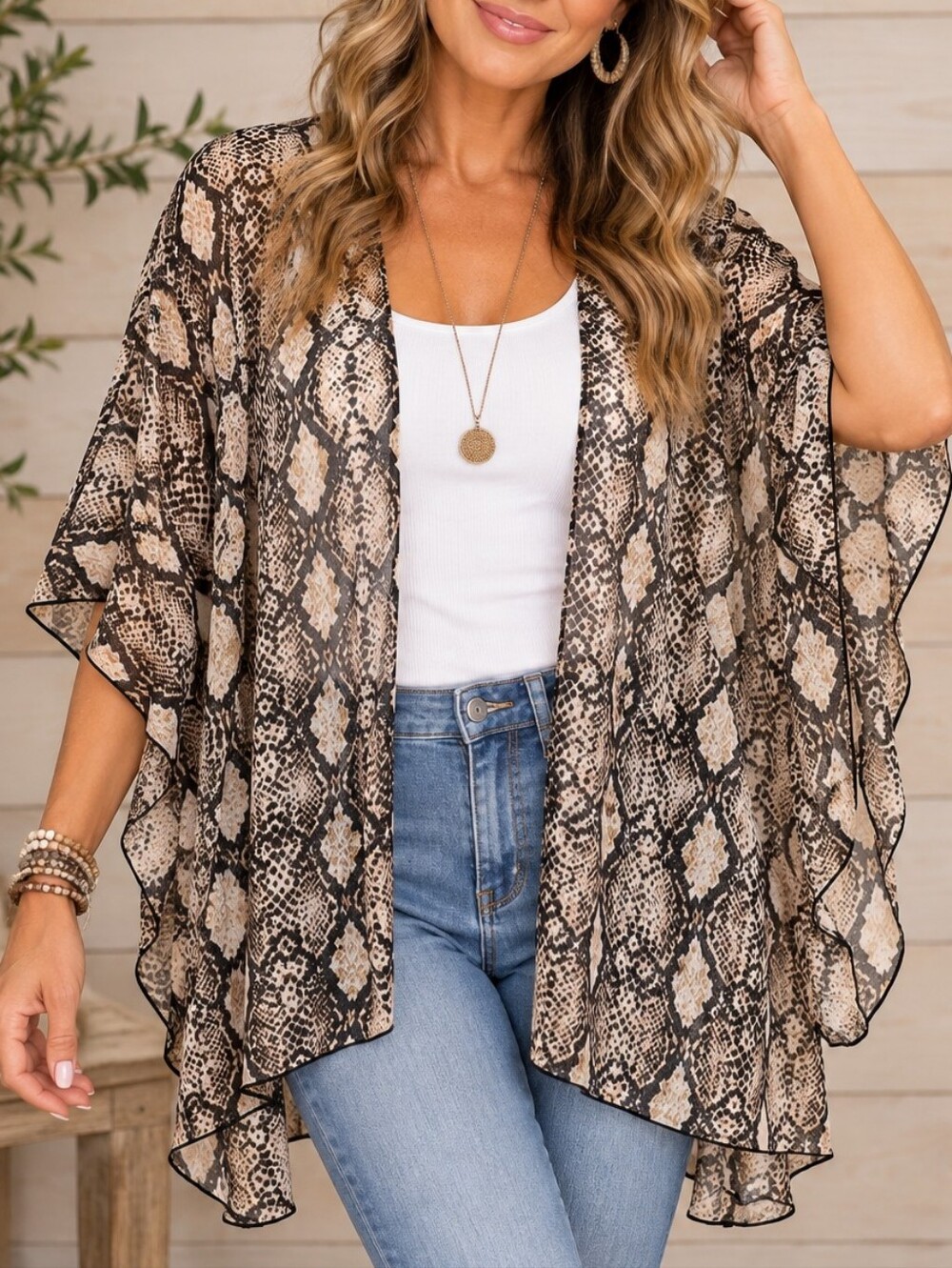 Sheer Snake Print Open Front Kimono Shrug Tan Black Edgy One Size Animal Print